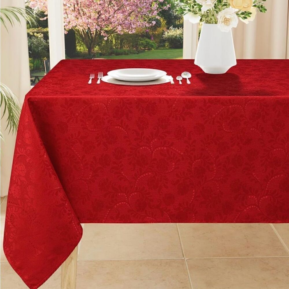 Rectangle Christmas RedTablecloth 60x84 Inch Waterproof Damask Jacquard Cloth